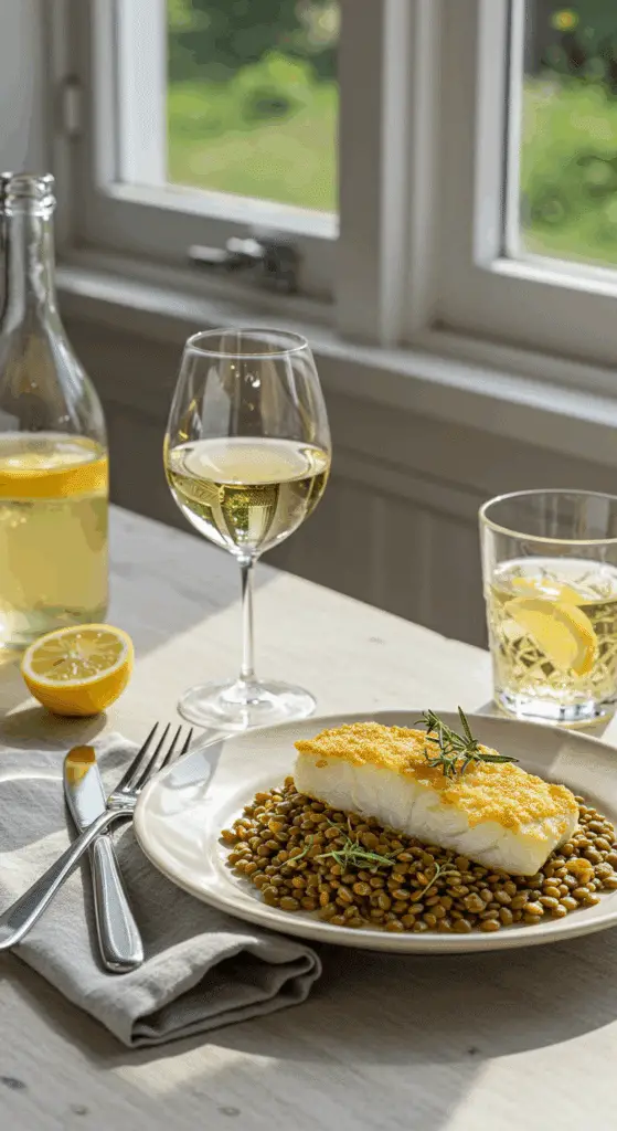 An elegant serving of Crispy Cod with Lentils, paired with a glass of white wine.