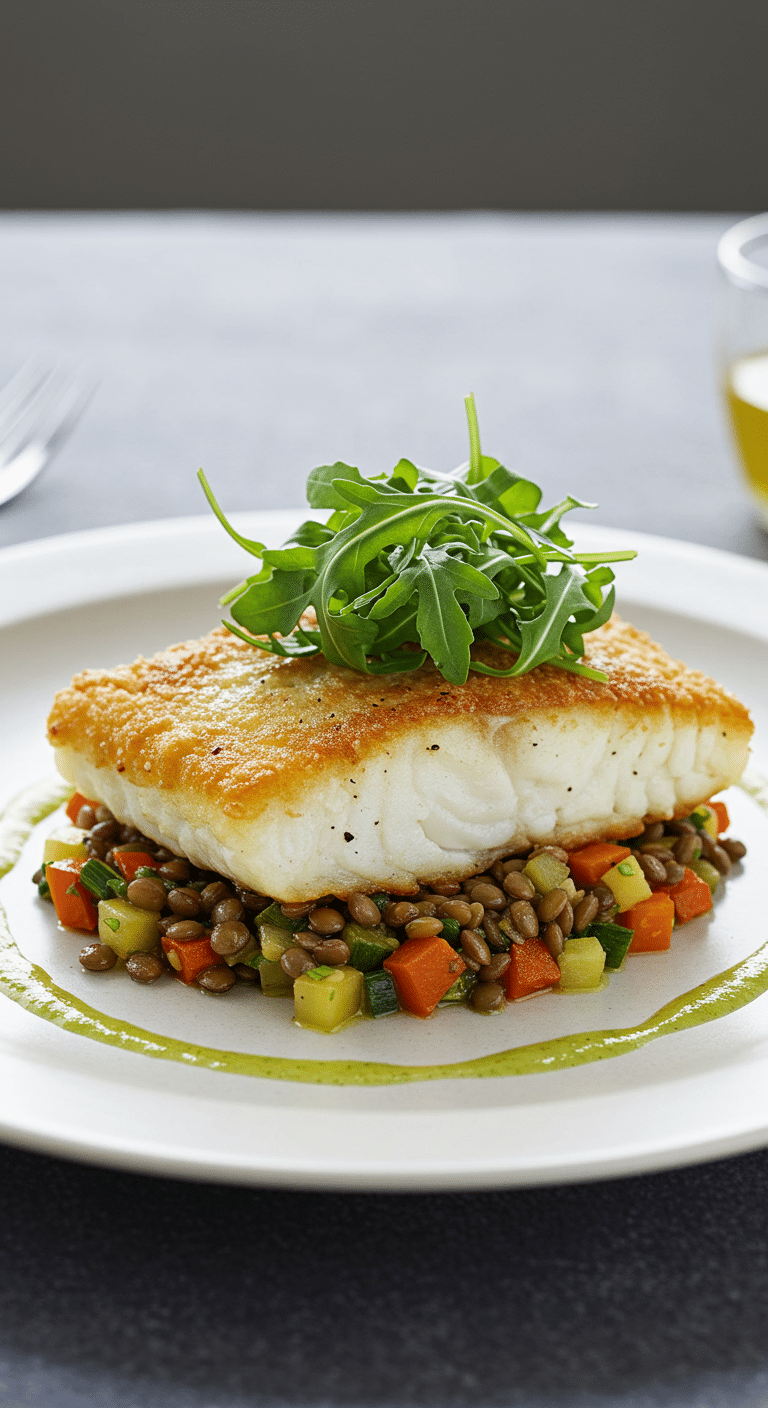 A plated meal of Crispy Cod with Lentils, showing the golden crust on the fish.