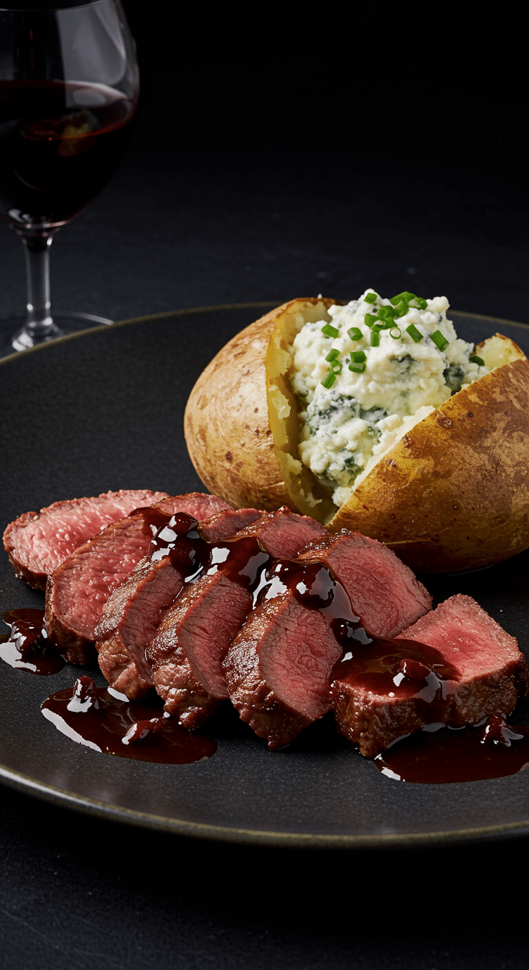 An elegant plate of sliced Steak With Blue Cheese Potatoes and a rich pan sauce.