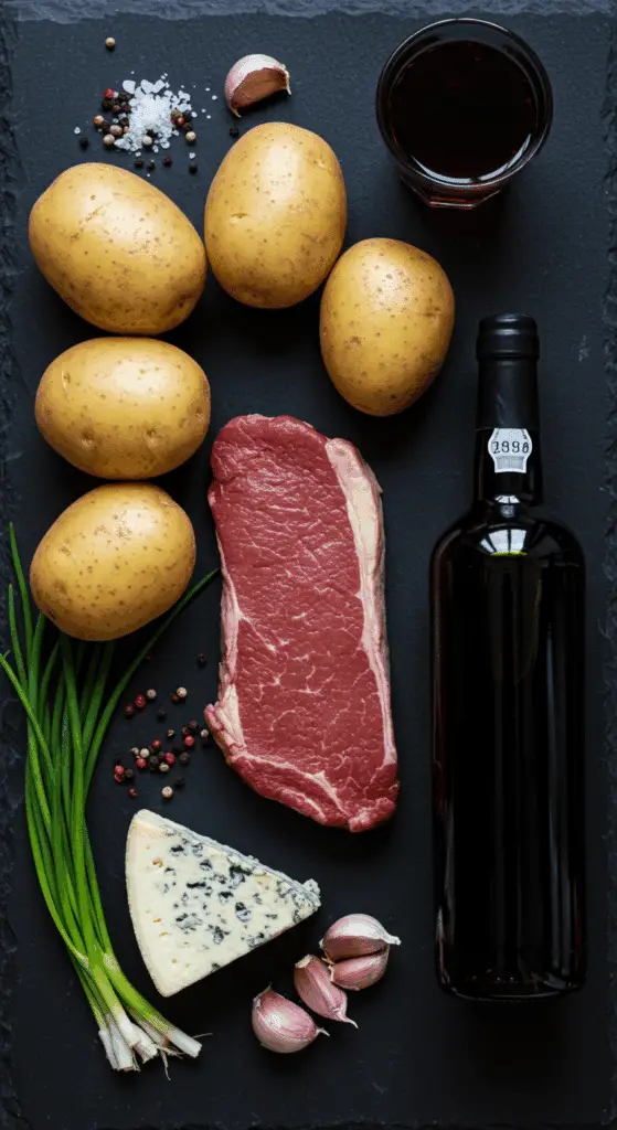 The raw ingredients for the Steak With Blue Cheese Potatoes recipe, including sirloin, potatoes, and blue cheese.