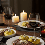 A romantic, candlelit dinner for two featuring plates of Steak With Blue Cheese Potatoes.