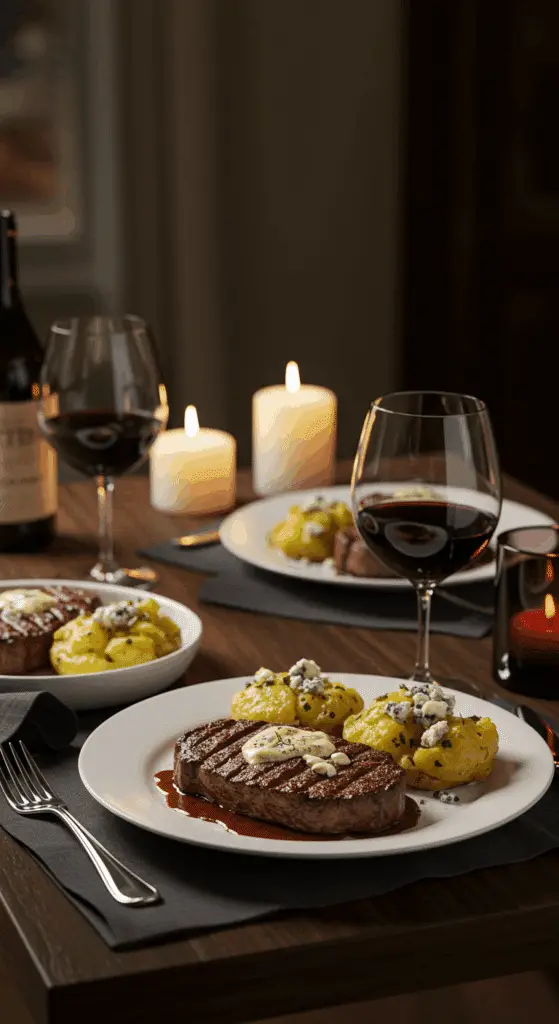 A romantic, candlelit dinner for two featuring plates of Steak With Blue Cheese Potatoes.