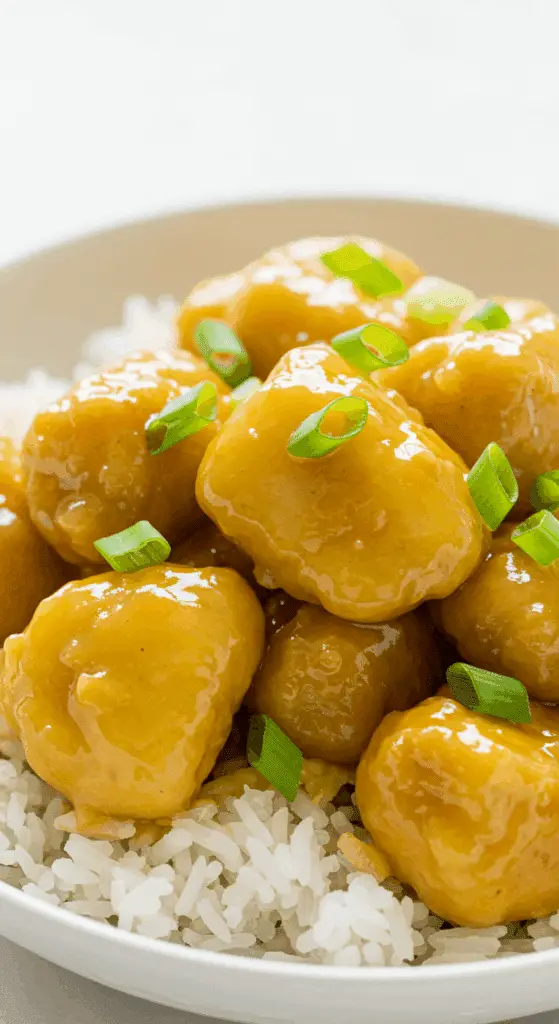 A bright and glossy bowl of Easy Lemon Chicken served over rice and garnished with scallions.
