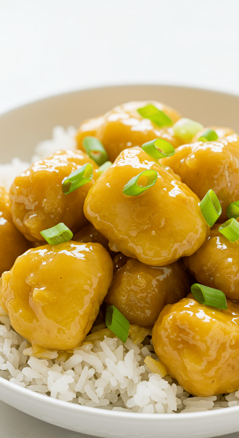 A bright and glossy bowl of Easy Lemon Chicken served over rice and garnished with scallions.