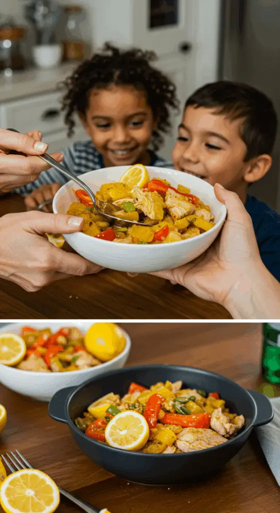 A parent serving a bowl of Easy Lemon Chicken to their family for a quick weeknight dinner.