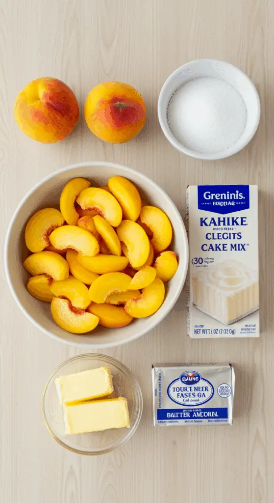 The 4 simple ingredients for the Easy Slow Cooker Peach Cobbler: peaches, cake mix, butter, and sugar.