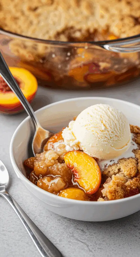 A close-up of a warm bowl of Slow Cooker Peach Cobbler with a scoop of vanilla ice cream melting on top.