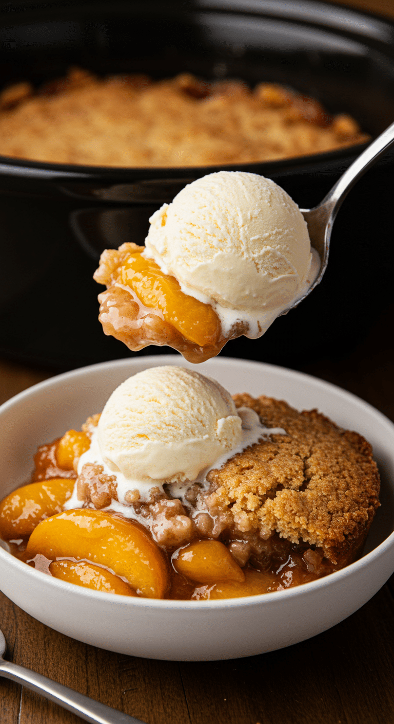 A warm scoop of Slow Cooker Peach Cobbler with melting vanilla ice cream being served from the crock.