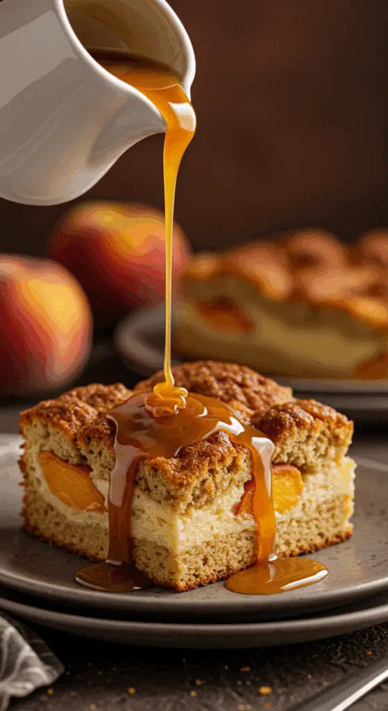 A warm slice of homemade Peach Bread Pudding with a rich, buttery caramel sauce being drizzled over the top.