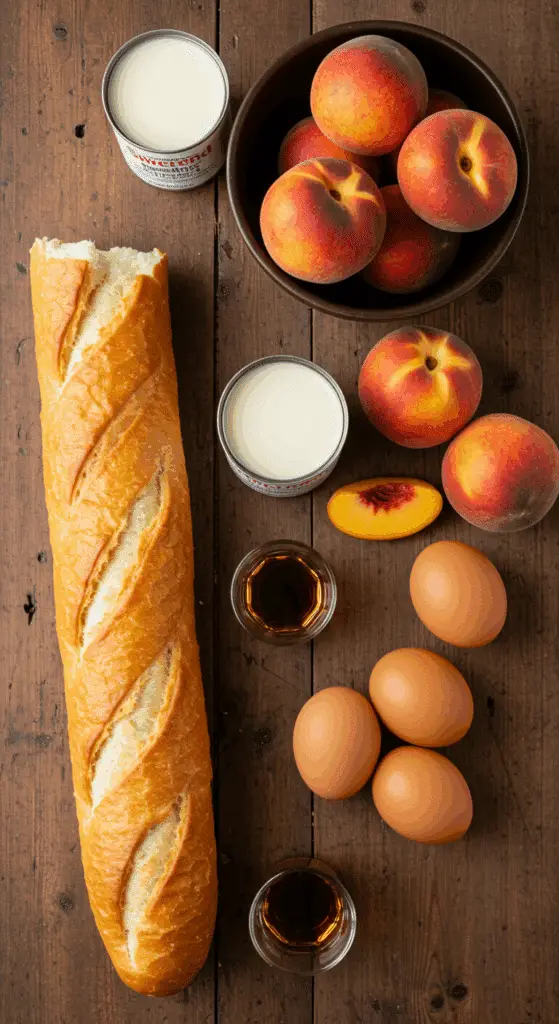 The simple, rustic ingredients for the Peach Bread Pudding with Caramel Sauce recipe.