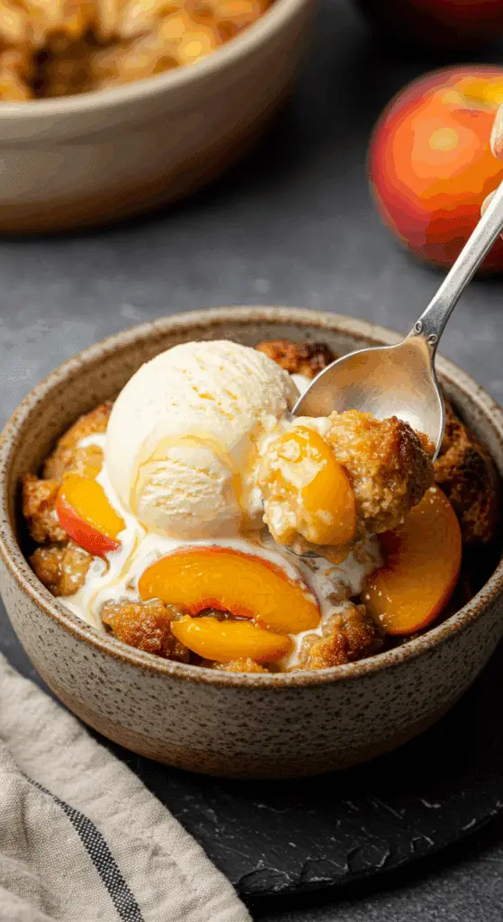 A cozy bowl of warm Peach Bread Pudding with a scoop of melting vanilla ice cream and caramel sauce.