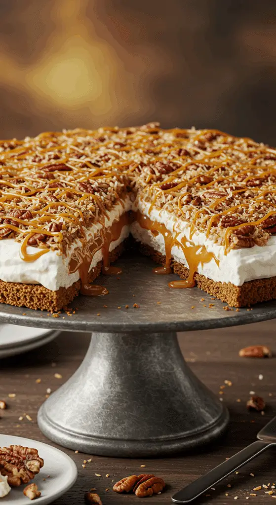 A beautiful, layered Freezer Caramel Drizzle Pie with a slice removed to show the caramel ribbons.