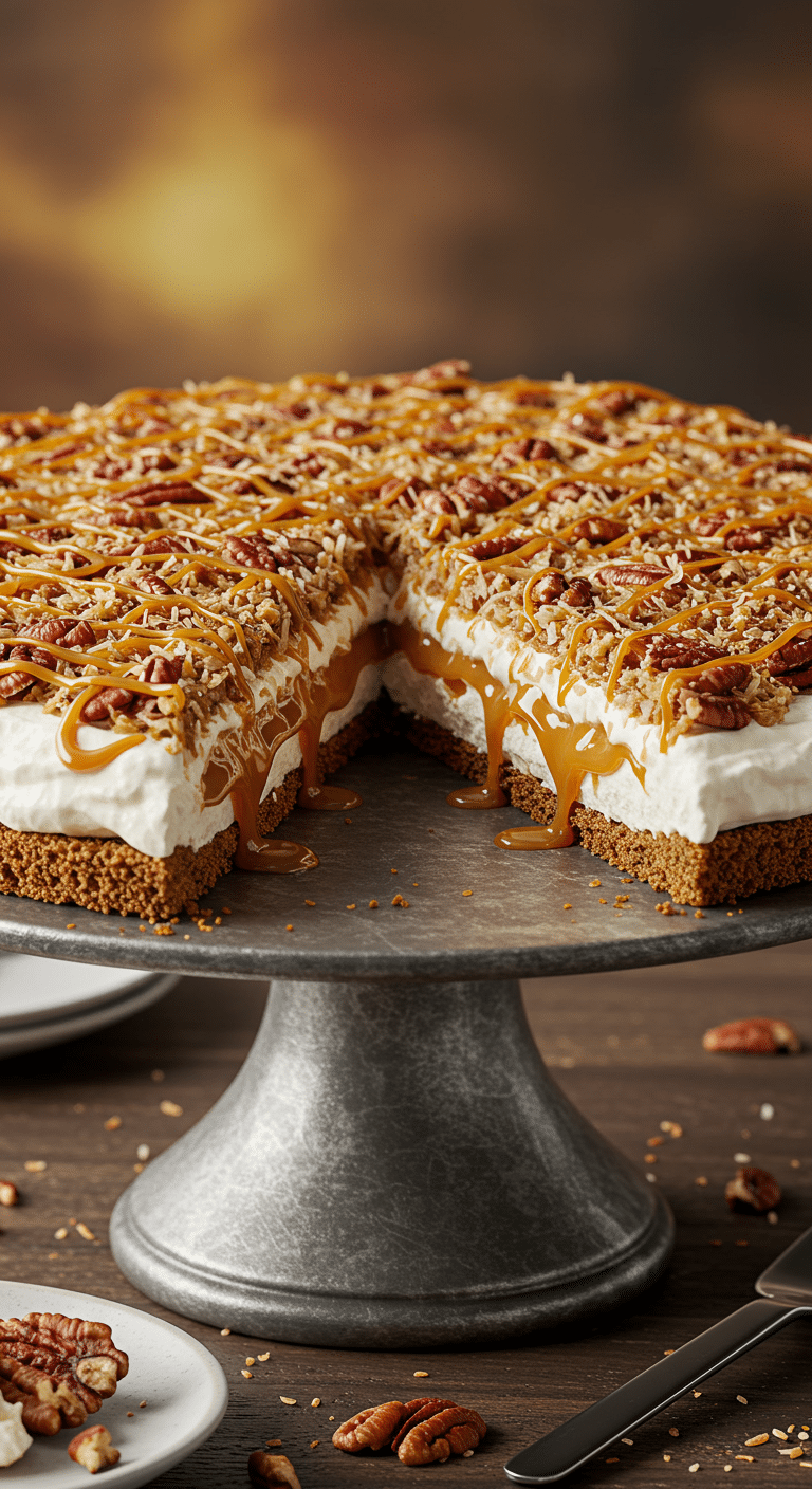 A beautiful, layered Freezer Caramel Drizzle Pie with a slice removed to show the caramel ribbons.
