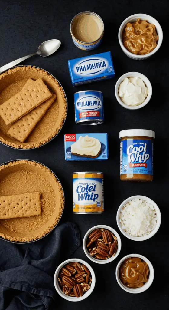 The simple, convenient ingredients for the no-bake Freezer Caramel Drizzle Pie.