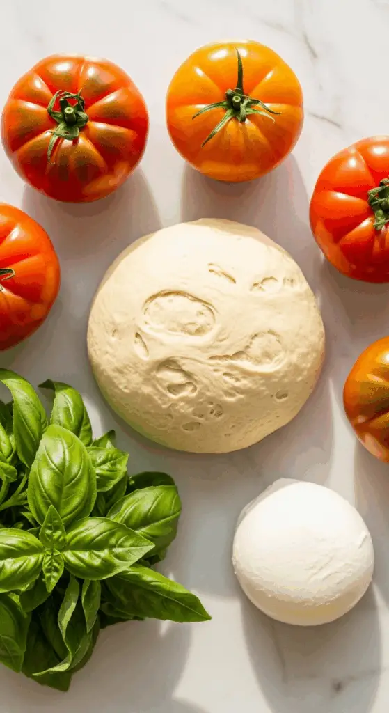 Fresh ingredients for the Thin-Crust Caprese Pizza.