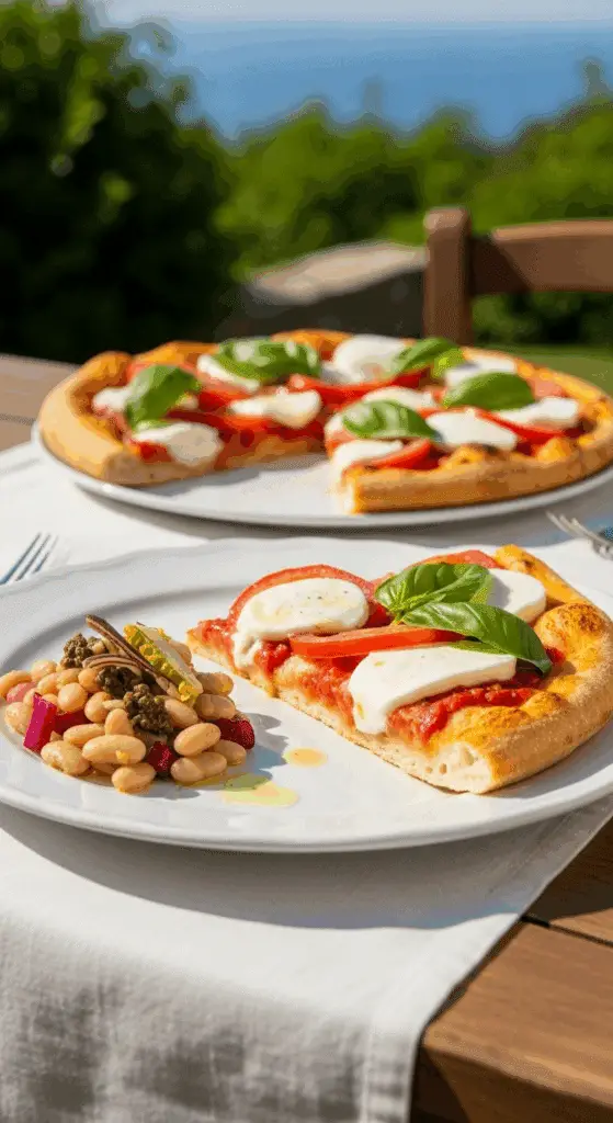 A slice of Caprese Pizza served with a side of cannellini bean salad.