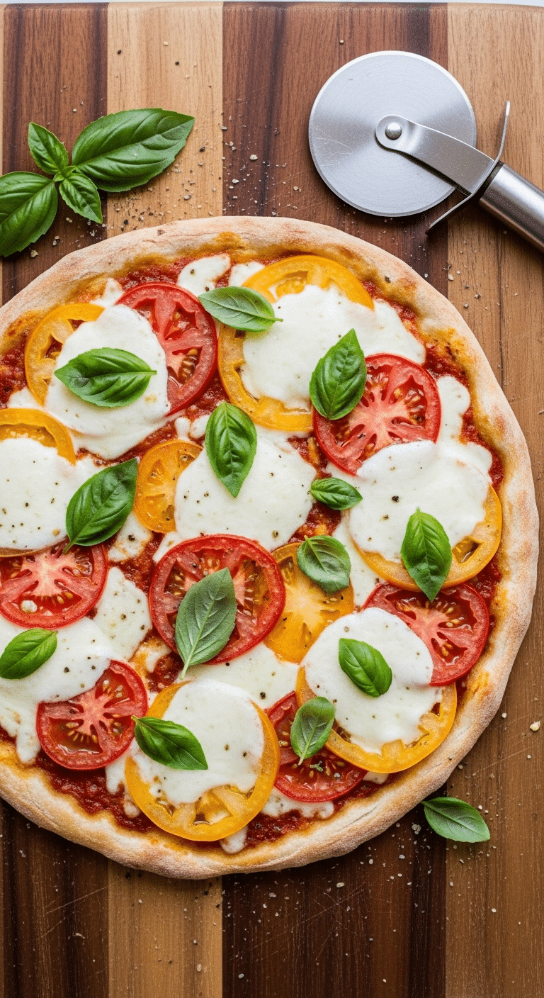 A homemade, fresh Thin-Crust Caprese Pizza with heirloom tomatoes and mozzarella.