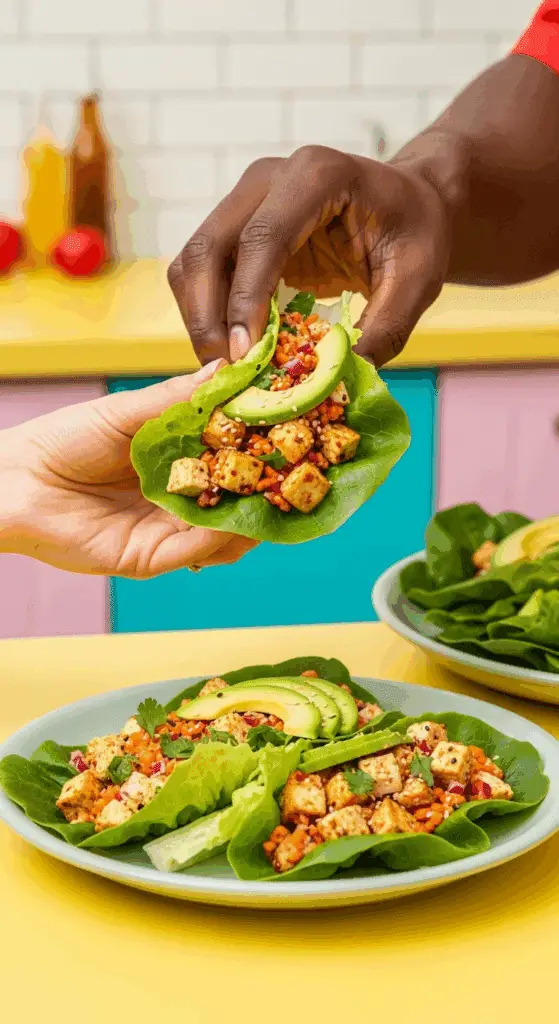 A person holding and about to eat a homemade Tofu Lettuce Wrap.