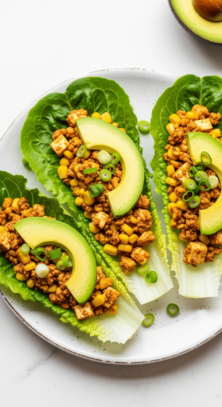 Three healthy and fresh, homemade Tofu Lettuce Wraps on a plate.