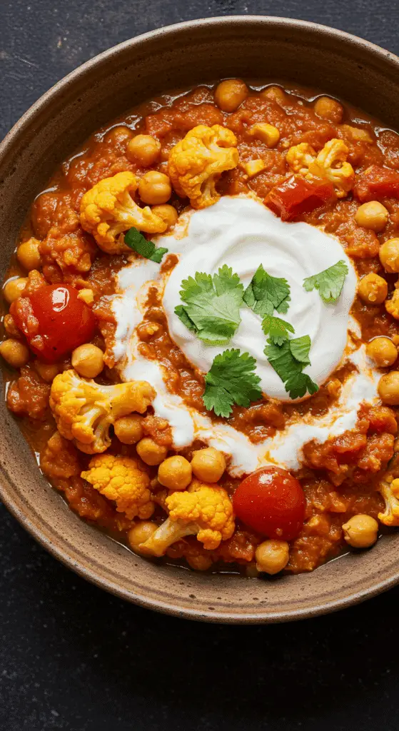A healthy and hearty bowl of homemade Tomato-Cauliflower Curry.