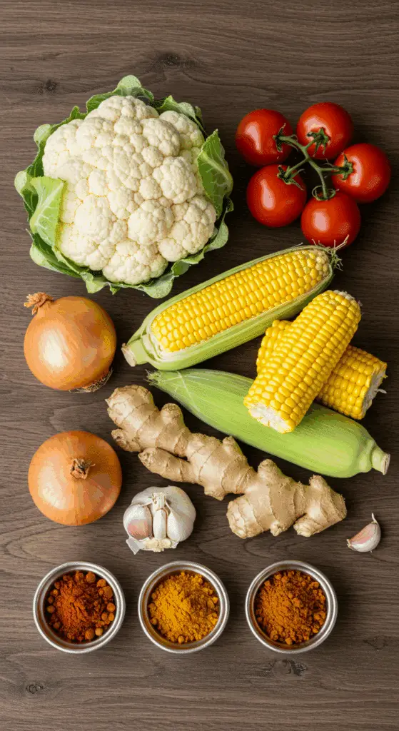 Fresh vegetables and spices for the Tomato-Cauliflower Curry.