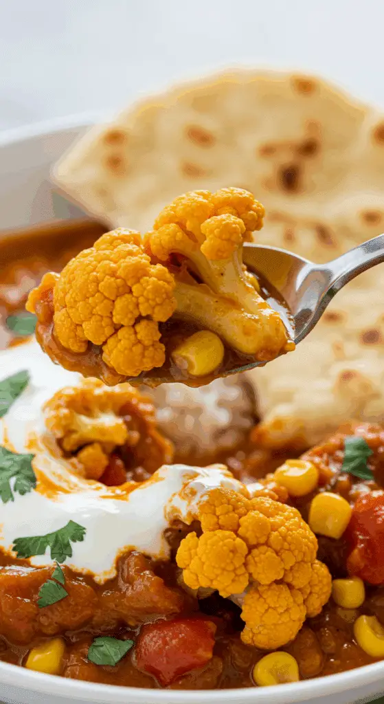 A spoonful of the finished Tomato-Cauliflower Curry with a piece of naan