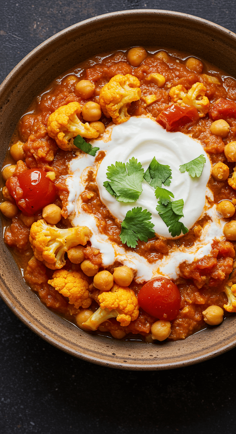 A healthy and hearty bowl of homemade Tomato-Cauliflower Curry.