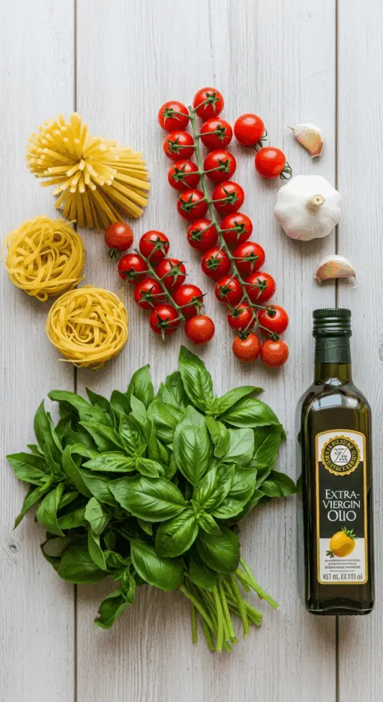 Fresh ingredients for the easy Tomato and Basil Pasta.