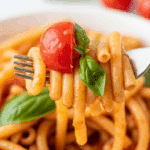 A forkful of the finished Tomato and Basil Pasta.