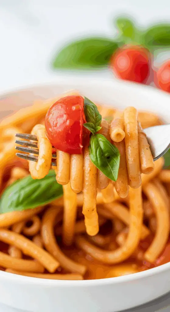 A forkful of the finished Tomato and Basil Pasta.