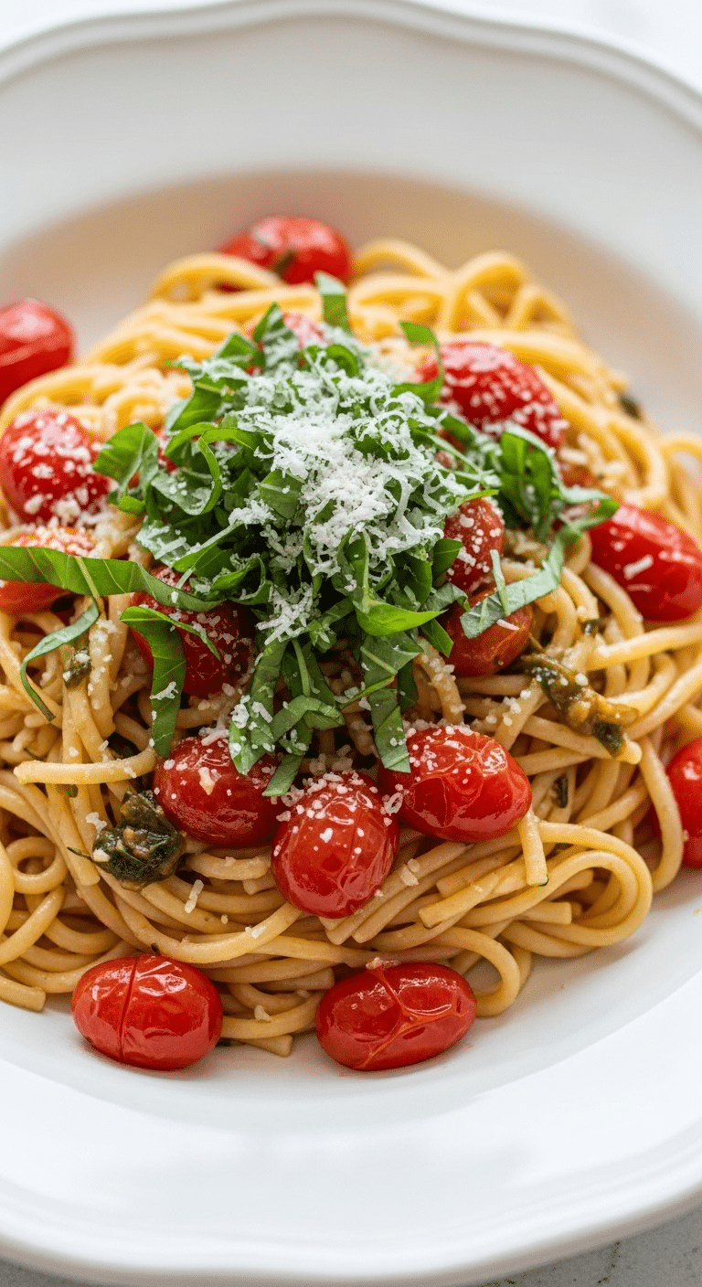 A large bowl of homemade, fresh Tomato and Basil Pasta.