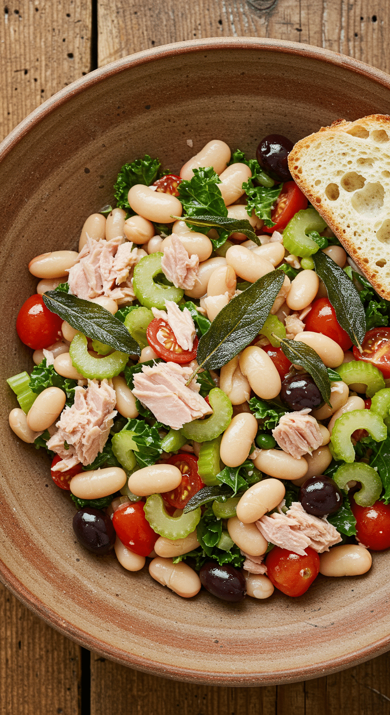 A large bowl of homemade, healthy Tuscan Tuna and White Bean Salad.