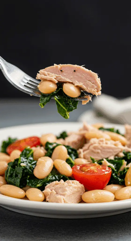 A forkful of the finished Tuscan Tuna and White Bean Salad.