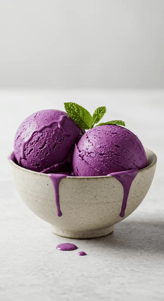 Two beautiful scoops of vibrant, creamy purple Homemade No-Churn Ube Ice Cream in a stylish bowl.
