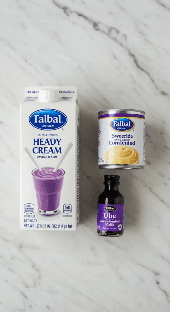 The 3 simple ingredients for the No-Churn Ube Ice Cream: heavy cream, condensed milk, and ube extract