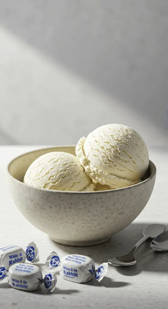 Two perfect scoops of creamy, homemade No-Churn White Rabbit Ice Cream in a stylish bowl.