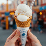 A hand holding a delicious ice cream cone with a large scoop of homemade White Rabbit Ice Cream.