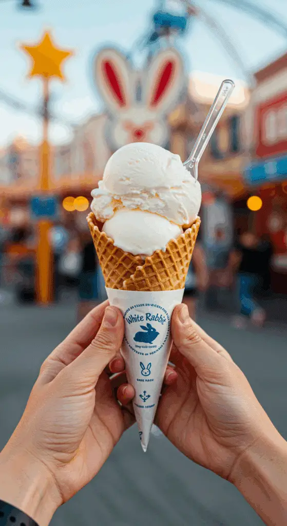 A hand holding a delicious ice cream cone with a large scoop of homemade White Rabbit Ice Cream.