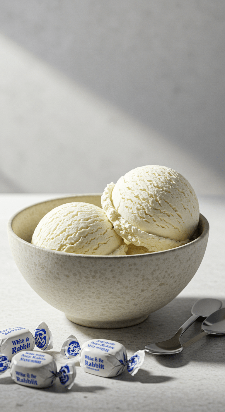 Two perfect scoops of creamy, homemade No-Churn White Rabbit Ice Cream in a stylish bowl.