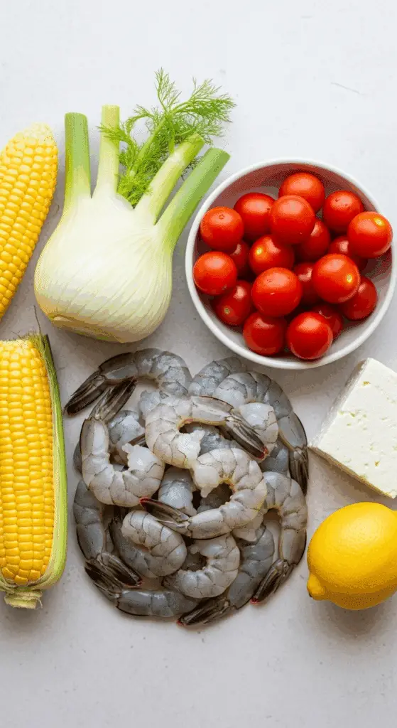 Fresh ingredients for the Garlic Butter Shrimp and Corn Sheet Pan Dinner.