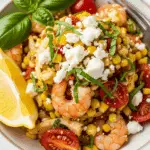 A healthy serving of the Garlic Butter Shrimp and Corn dinner in a bowl.