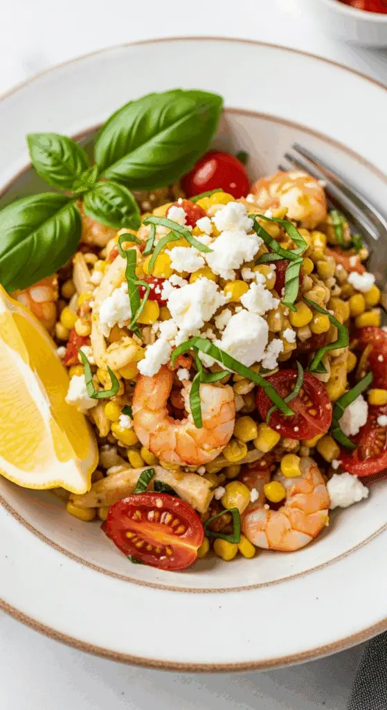 A healthy serving of the Garlic Butter Shrimp and Corn dinner in a bowl.