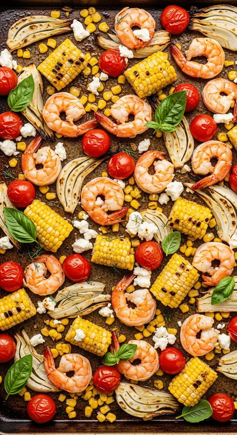 A finished, one-pan Garlic Butter Shrimp and Corn Sheet Pan Dinner.