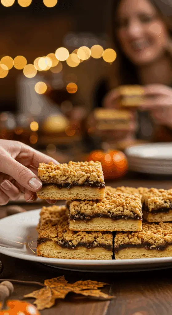 A beautiful platter of homemade, multi-layered Thanksgiving Pie Bars being served at a festive holiday party.