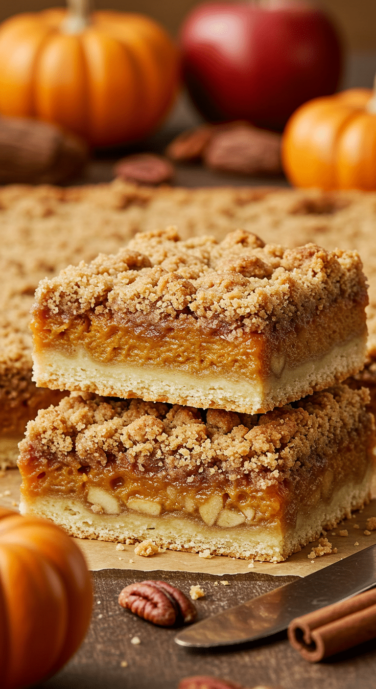 A beautiful, perfect, multi-layered square of a Thanksgiving Pie Bar, showing the distinct pecan, pumpkin, and apple layers.