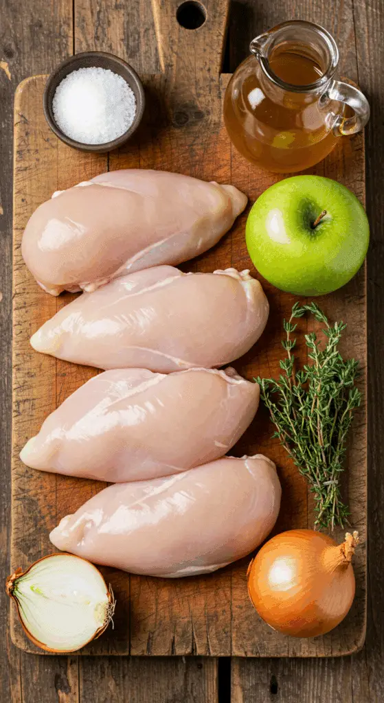 The fresh, wholesome ingredients for the hearty, from-scratch Apple Cider Chicken recipe.