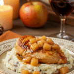 A beautiful plate of homemade Apple Cider Chicken and sauce, served over a bed of creamy mashed potatoes.