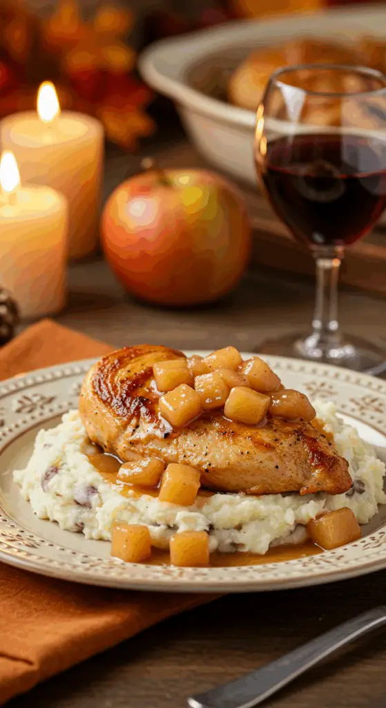 A beautiful plate of homemade Apple Cider Chicken and sauce, served over a bed of creamy mashed potatoes.