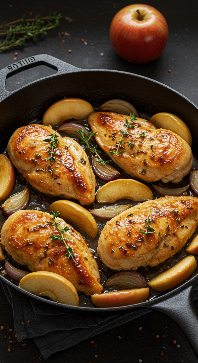 A beautiful, rustic cast-iron skillet of homemade, golden-brown Apple Cider Chicken in a glossy pan sauce.