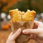 A hand holding a warm, fresh, homemade Caramel Apple Hand Pie at a fall festival.